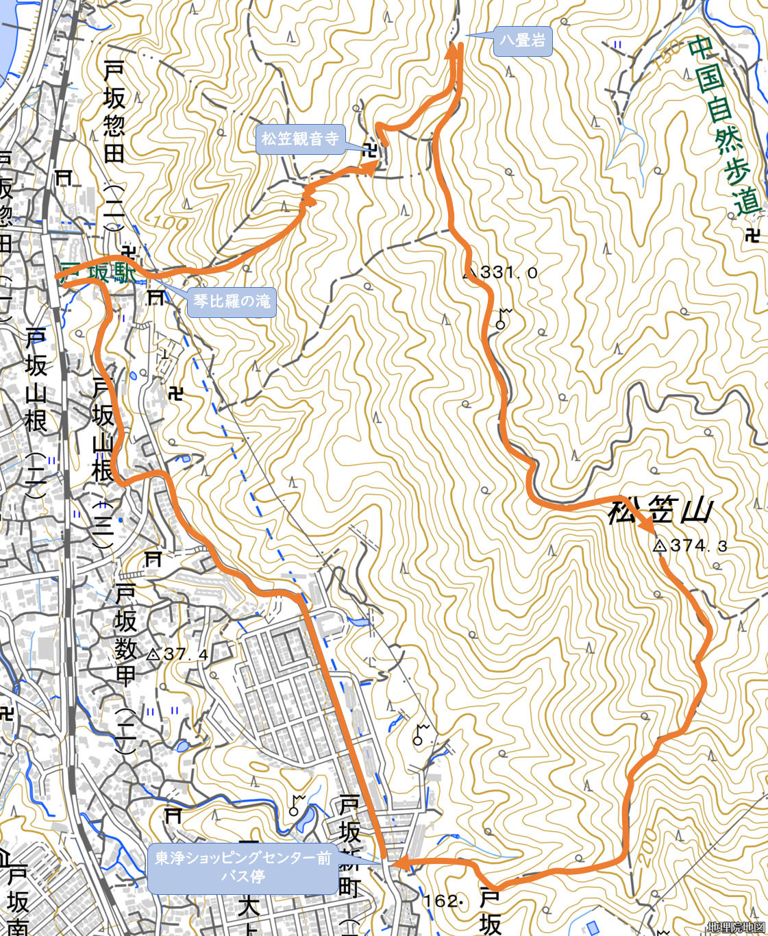 松笠山の登山ルート図