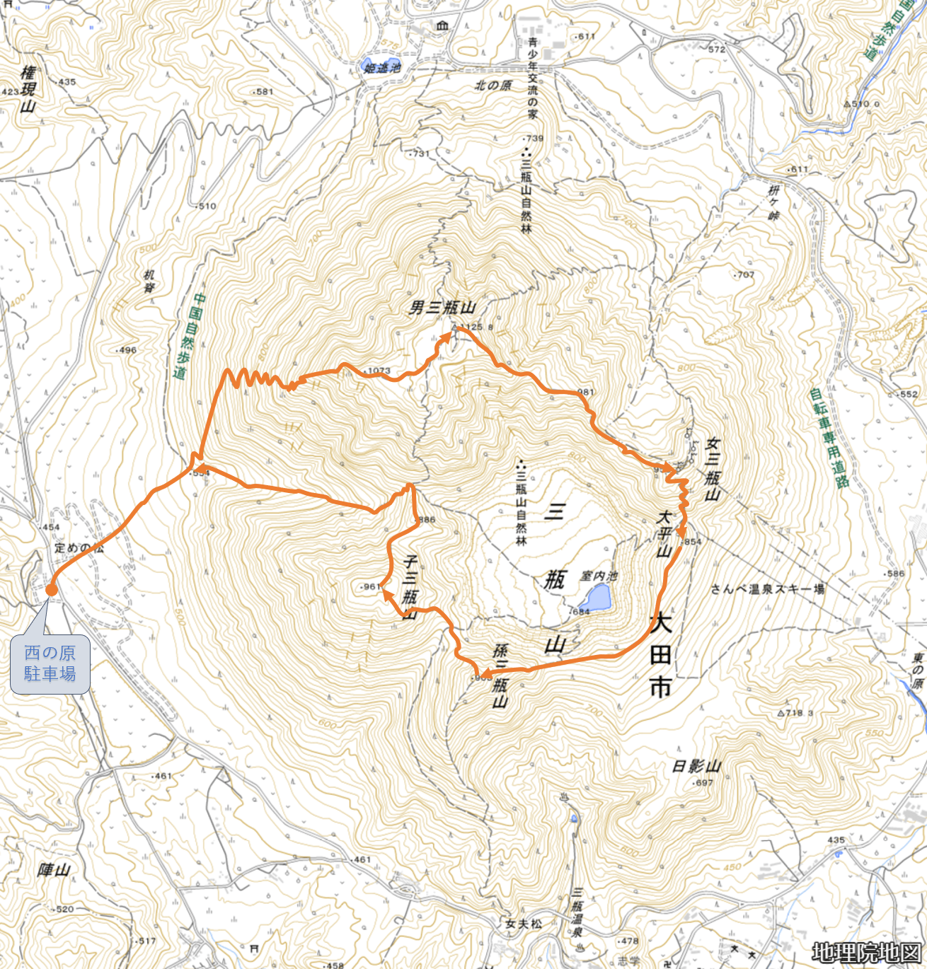 三瓶山西の原登山ルート図